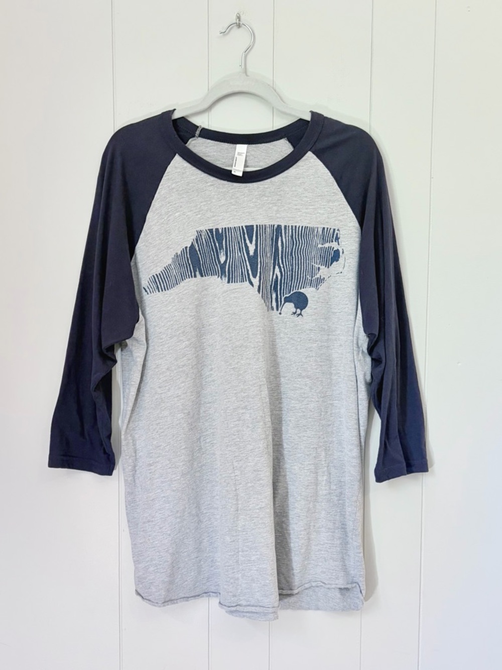 American Apparel Gray & Navy Raglan Tee with Woodgrain State Graphic